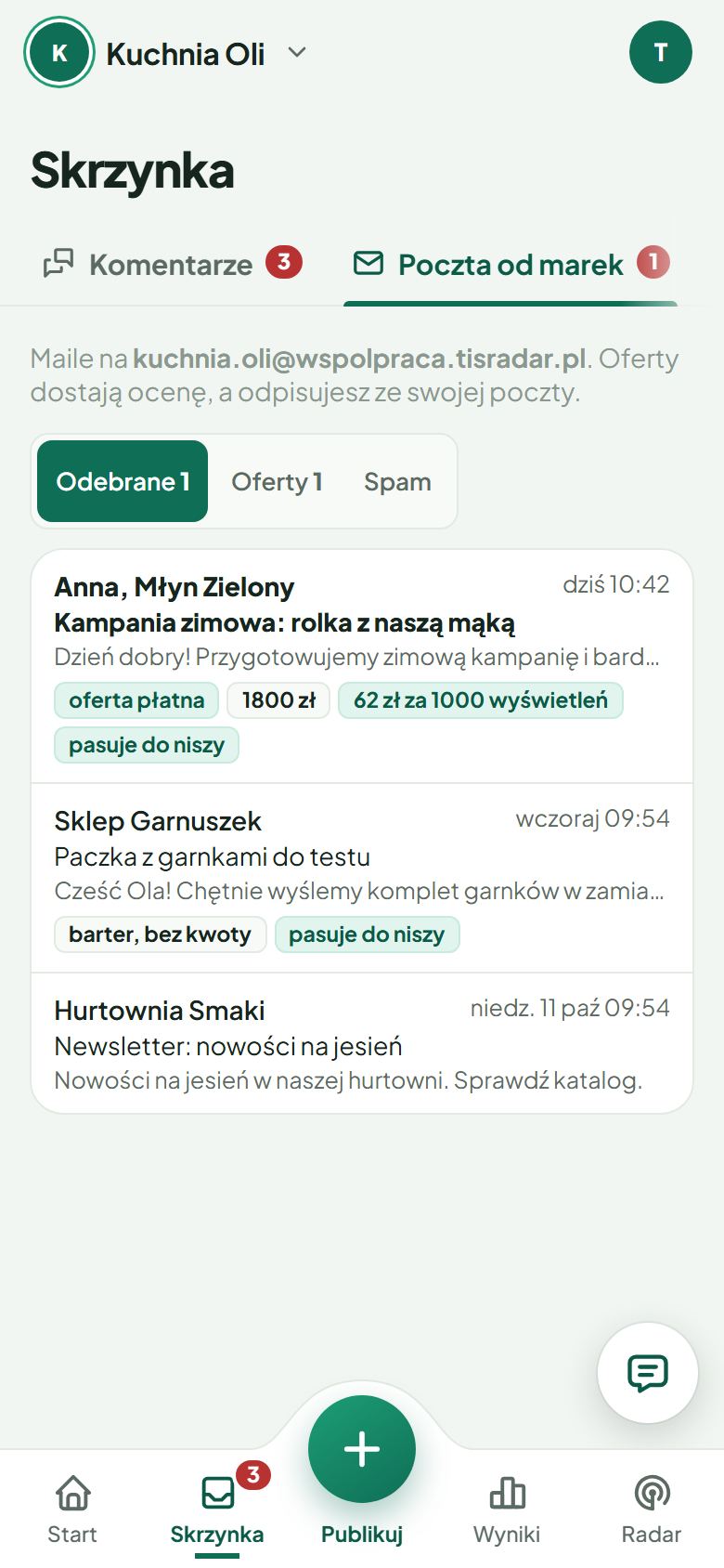 Poczta od marek: oferta płatna od Młyna Zielonego na 1800 zł, 62 zł za 1000 wyświetleń