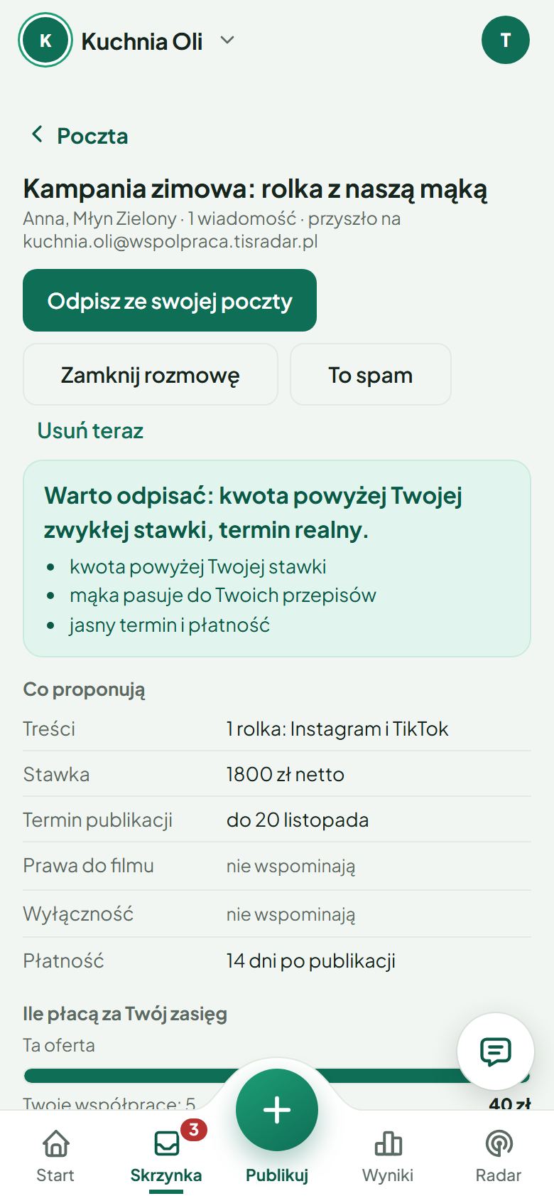 Oferta Młyna Zielonego z oceną AI: warto odpisać, kwota powyżej Twojej zwykłej stawki
