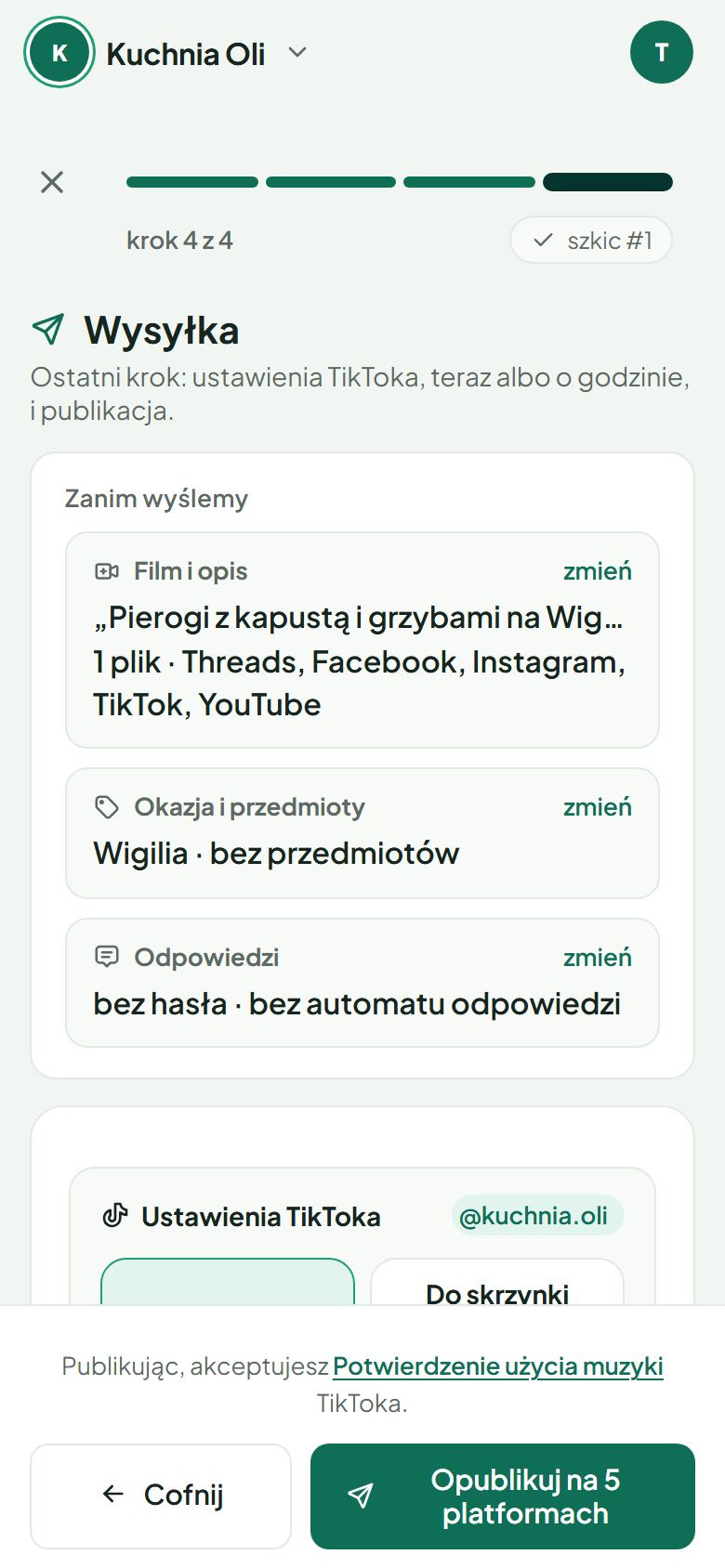 Ostatni krok rolki z przyciskiem Opublikuj na 5 platformach