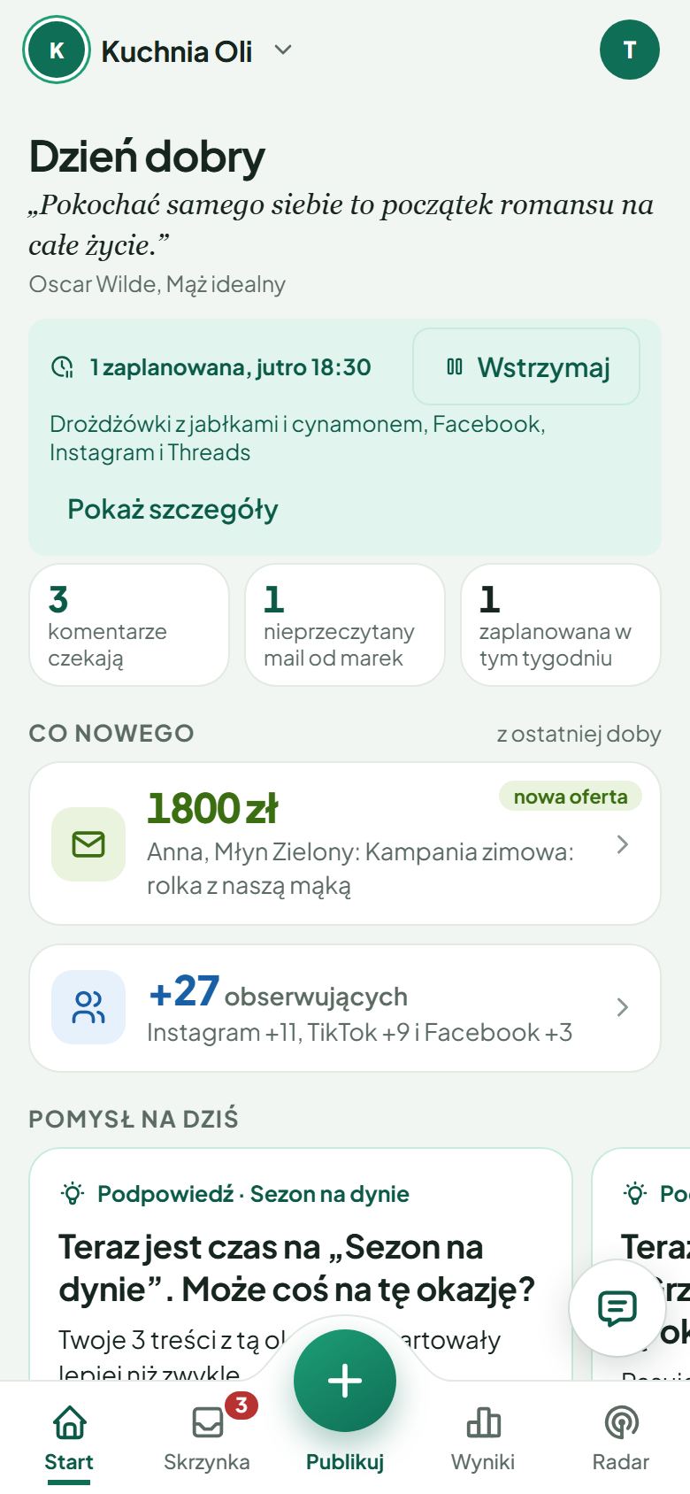 Start w TisRadarze na telefonie pokazowej twórczyni kulinarnej: zaplanowana publikacja z przyciskiem Wstrzymaj, nowa oferta od marki i pomysł na dziś