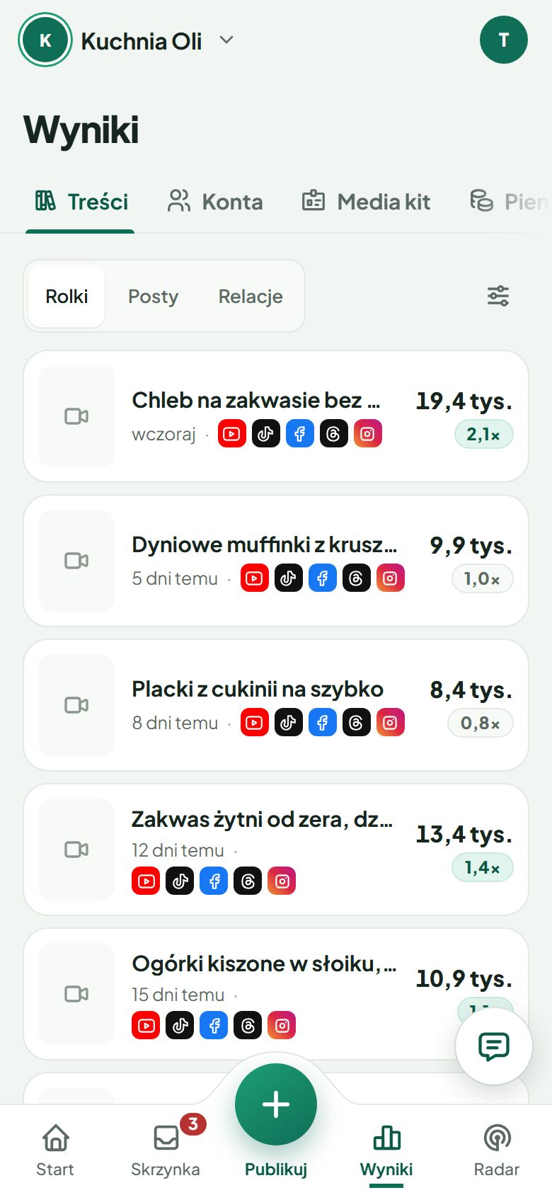 Lista treści z wynikami