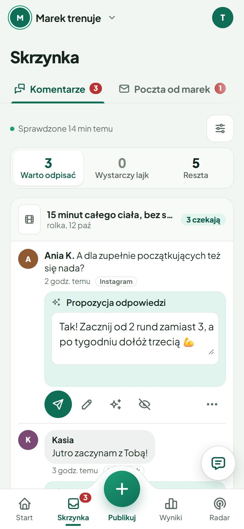 Skrzynka: półka Warto odpisać i propozycja odpowiedzi do zatwierdzenia