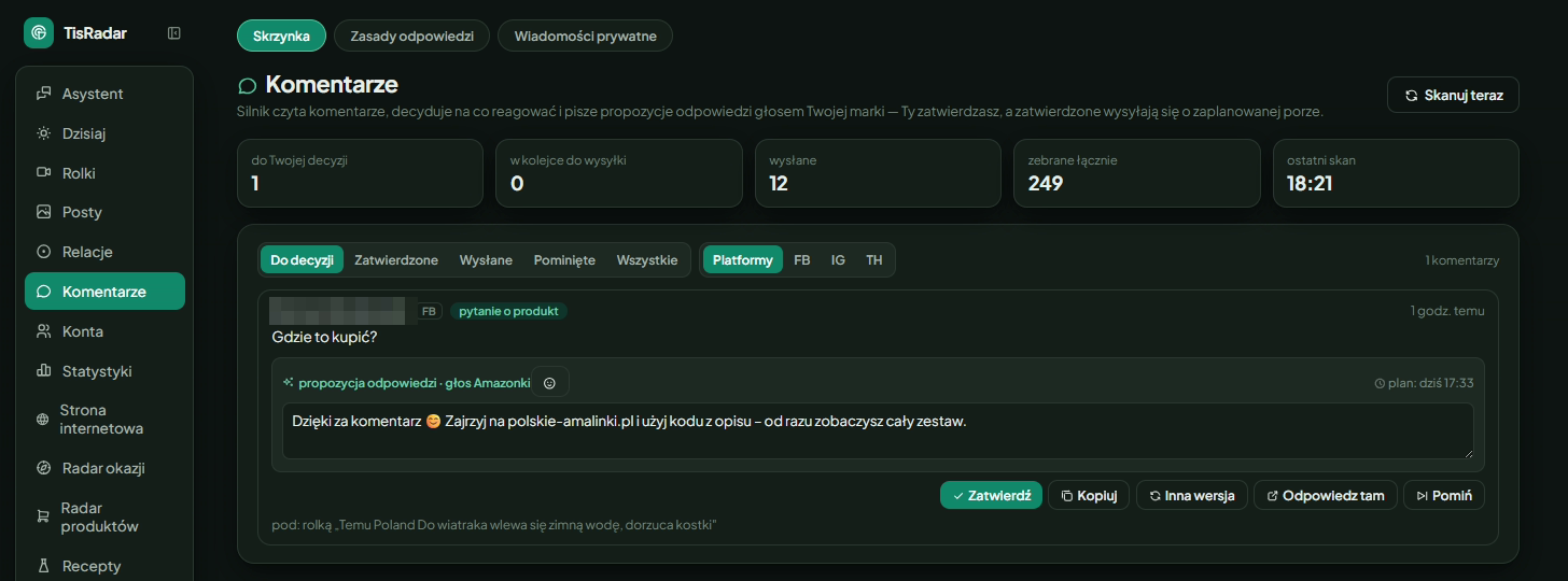TisRadar comment inbox: one comment awaiting a decision, with a drafted reply shown as a proposal and buttons to approve, copy, regenerate or skip it. The commenter's name is pixelated out.