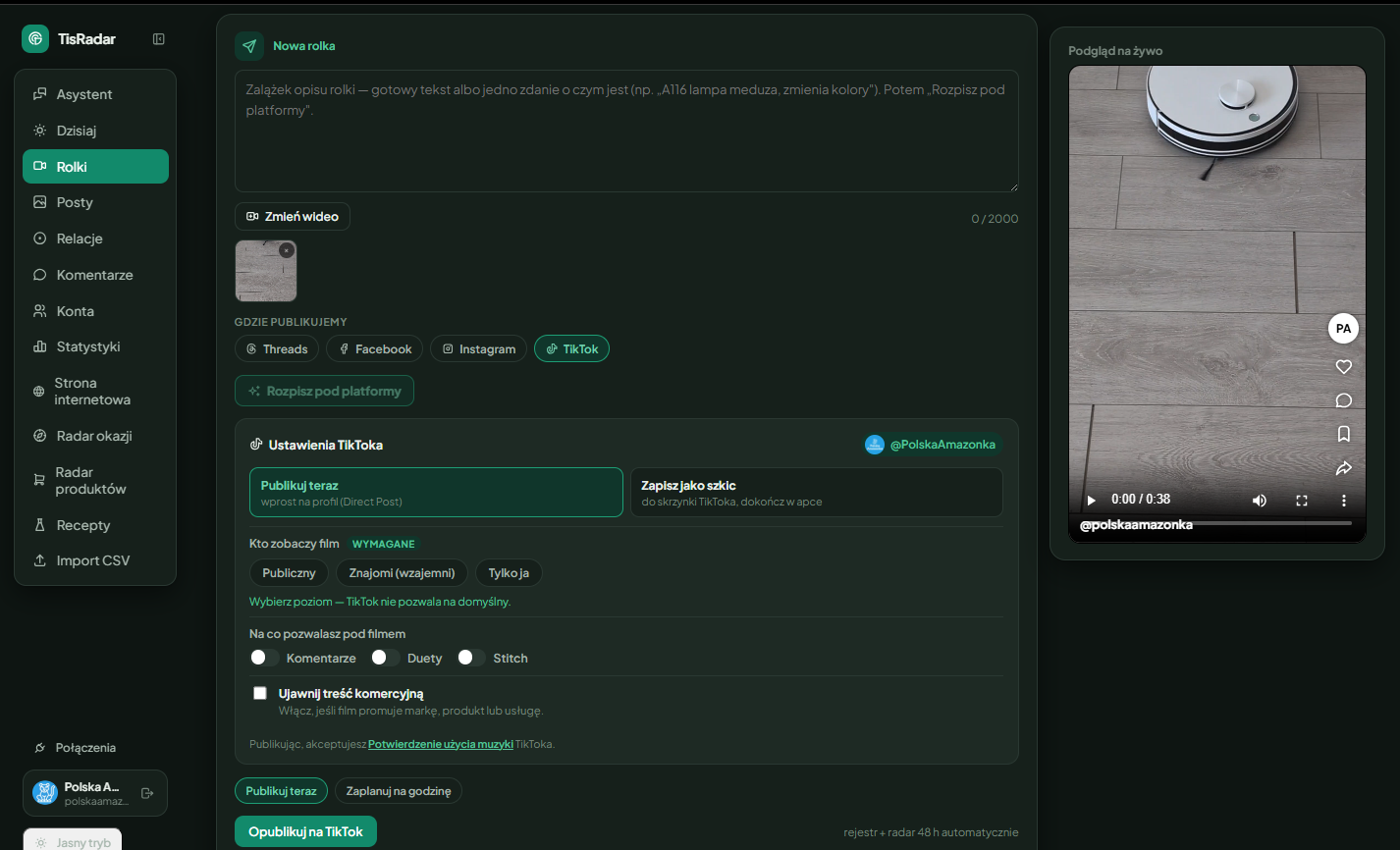 TisRadar publishing screen with the TikTok panel open: the connected account with its avatar, a required privacy choice with no preselected value, comment, duet and stitch switches all off by default, a commercial content disclosure checkbox, and a link to TikTok's Music Usage Confirmation.