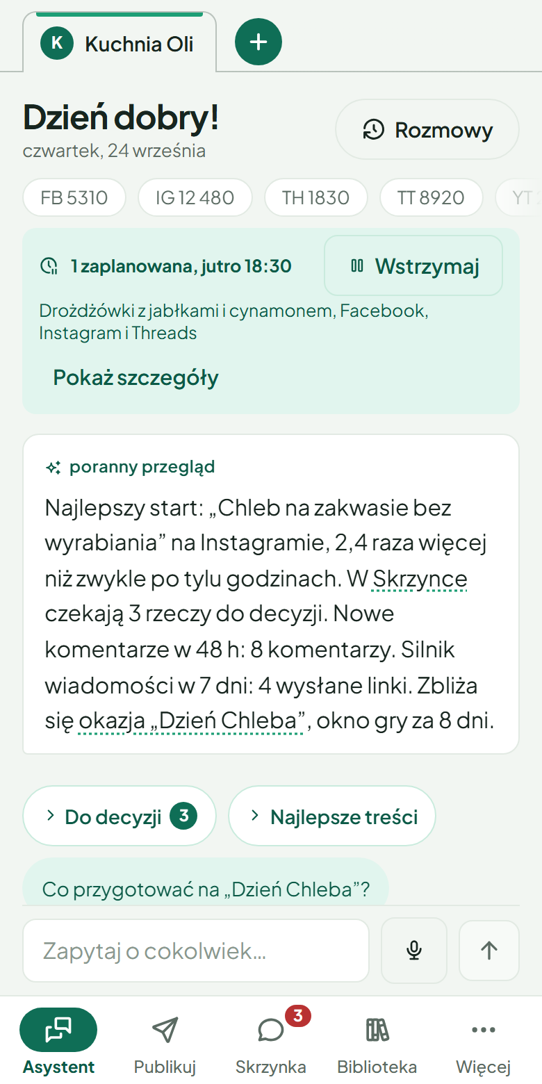 The TisRadar assistant on the phone of a demo food creator: followers on five platforms, a scheduled post with a Pause button, a morning summary of results and a box for asking a question. The interface is in Polish.