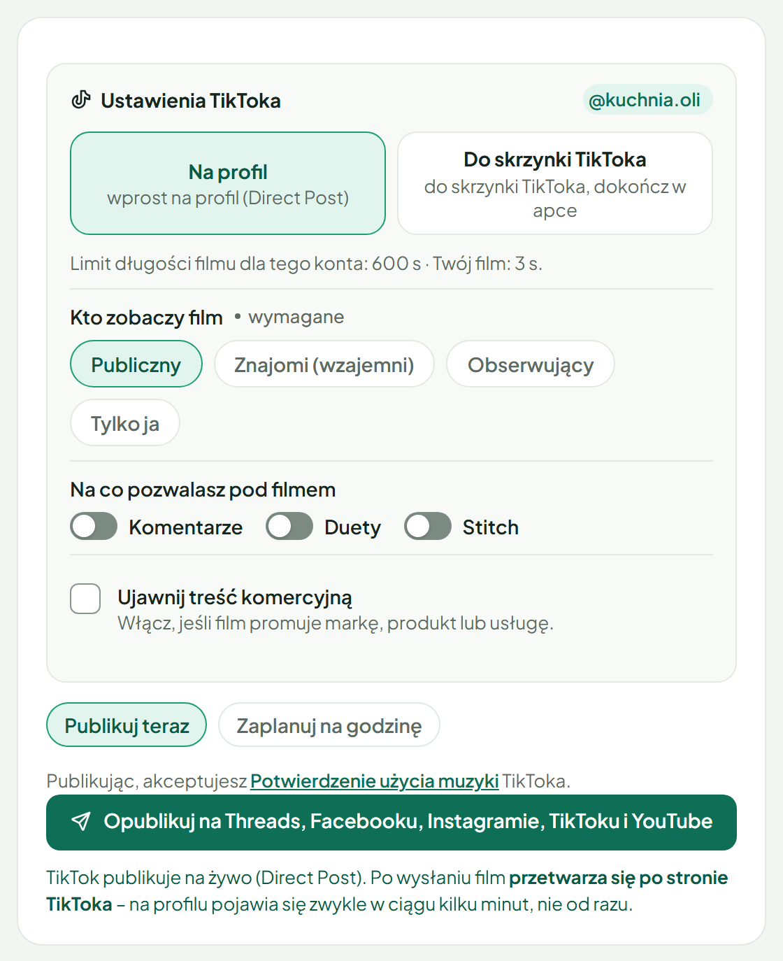 The last step of the TisRadar composer: TikTok settings, publish now or at a chosen time, and one button that publishes to five platforms. The interface is in Polish.