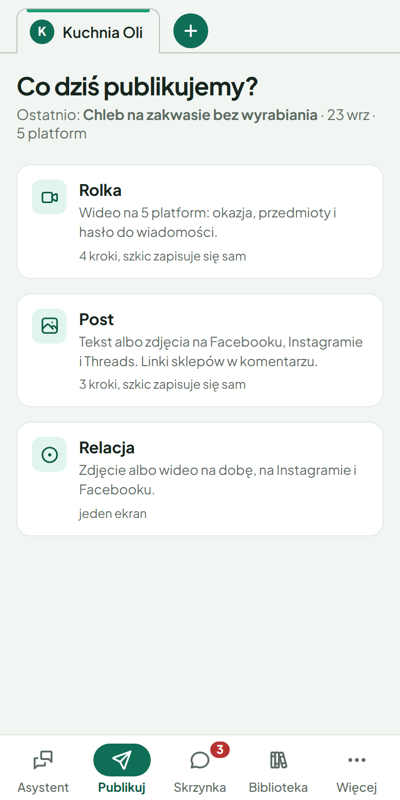 The Publish screen of TisRadar on a phone: reel, post or story. The interface is in Polish.